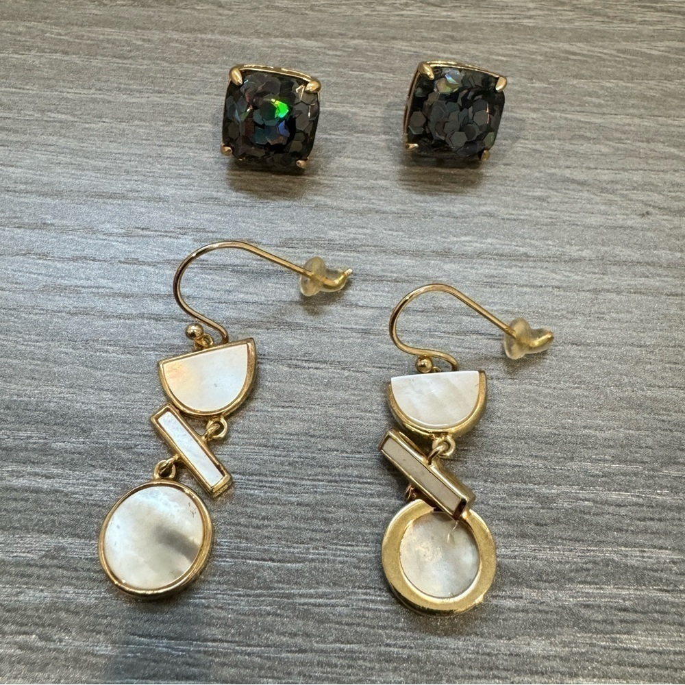 2 Pair Earrings - Confetti Studs and Beige Drop Earrings